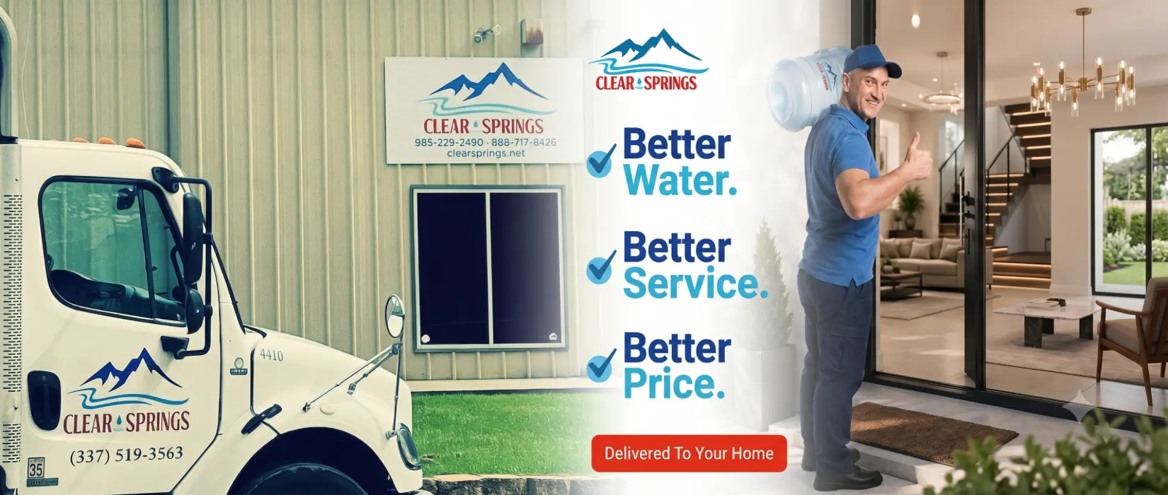 Better Water. Better Service. Better Price, delivered to your home by Clear Springs Water. Contact us to set up your delivery.